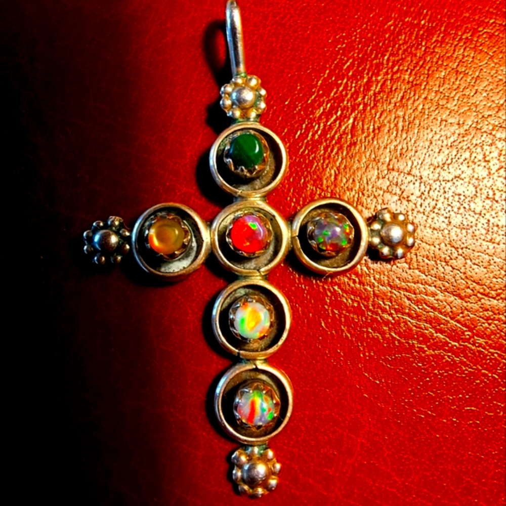 Silver Cross Pendant with Multicolor Gemstones